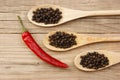 Black and red pepper in wooden spoon Royalty Free Stock Photo