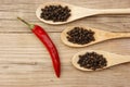 Black and red pepper in wooden spoon on the old board Royalty Free Stock Photo