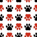 Black and red seamless pattern with animal paw prints. Footprints. Vector