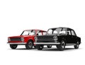 Black and red soviet era vintage cars side by side