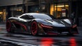 Black and red sports car driving down wet street. Generative AI Royalty Free Stock Photo