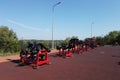 Russia, Engels - august, 2021: black and red sports equipment in the park on the street