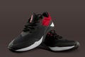 Black and red sports tennis shoes on a brown background, with space for text