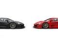 Black and red supercars facing each other