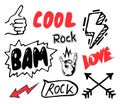 Thumb up, cool, rock, bam, love, red arow, black crossed arrows, rock hand sign, lightning signs