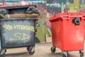 Colorful trash bins paint brushed graffiti against colorful background Royalty Free Stock Photo