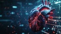 Black with red veins 3d futuristic model of human heart, cardiac healthcare concept. Scientific template. Generative AI