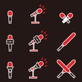 Black, red and white broadcasting microphone set with lightning sign for news anchor, television or infotainment, etc