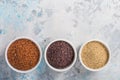 Black, red and white quinoa grains in a plate on white background. Gluten free Healthy food. Chenopodium quinoa closeup Royalty Free Stock Photo