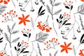 Black-red winter berries. Hand drawn floral seamless vector pattern. New year seamless pattern with branches, berries