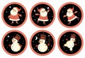 Black-Red Xmas Vector Tags with Cute Happy Santa Claus and Skating Snowman.