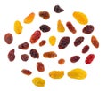 Black, red and yellow Raisins isolated on white background Royalty Free Stock Photo