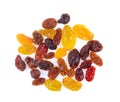 Black, red and yellow Raisins isolated on white background, Top view Royalty Free Stock Photo