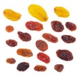 Black, red and yellow Raisins isolated on white background, Top view Royalty Free Stock Photo