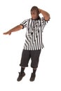 Black referee calling a charging foul