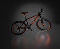 Black reflecting floor with a Right Side of an Orange and Black Mountain Bike