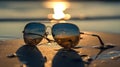 Black reflective lens man or woman aviator style fashionable attractive elegance sun glasses at the beach, lost and found concept