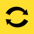 Black Refresh icon isolated on yellow background. Reload symbol. Rotation arrows in a circle sign. Long shadow style