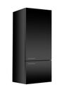 Black refrigerator with freezer on white background. Modern 3d fridge with door. Home kitchen electrical appliance