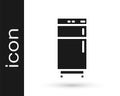 Black Refrigerator icon isolated on white background. Fridge freezer refrigerator. Household tech and appliances. Vector Royalty Free Stock Photo