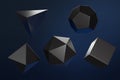 Black regular polyhedra ok blue background. Platonic solids. 3d illustration