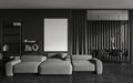 Black relax interior with couch and eating room, shelf and mockup frame