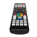 Black remote control with colorful buttons and numeric keypad on white background television Royalty Free Stock Photo