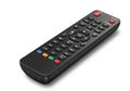 A black remote control with a sleek, rectangular design featuring soft-touch buttons. The Royalty Free Stock Photo