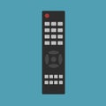 Black remote control for TV or multimedia player with gray buttons, vector on a green background