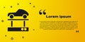 Black Repair car on a lift icon isolated on yellow background. Repair of the underbody, suspension, wheels and engine