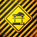 Black Repair car on a lift icon on yellow background. Repair of the underbody, suspension, wheels and engine