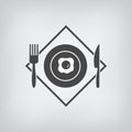 Black restaurant menu icon. Plate with fried eggs, fork, knife isolated