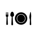 Black restaurant menu plate icon with cutlery isolated