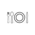 Black restaurant menu plate line vector icon with cutlery isolated