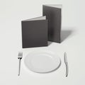 Black restaurant menu and white plate. 3d rendering Royalty Free Stock Photo