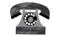 Black retro, hipster, antique, old, antique phone painted in stroked style on a white background.