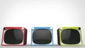 Black retro TV sets with red, blue and green fronts