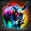 Black rhinoceros and baby rhinoceros in space. Generative AI Royalty Free Stock Photo