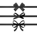 Black ribbon bows. Silk ribbons with decorative bow gift decoration collection. Realistic elegant festive tape for black