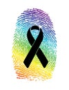 black ribbon over a pride fingerprint flag.