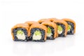 Black rice Sushi Roll with reflection with salmon on top isolated on white background.