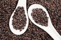 Black rice in white spoons Royalty Free Stock Photo