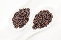 Black rice in white spoons Royalty Free Stock Photo