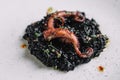 Black risotto with cuttlefish ink and octopus tentacles on irregular shape plate Royalty Free Stock Photo