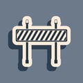 Black Road barrier icon isolated on grey background. Fence of building or repair works. Hurdle icon. Long shadow style