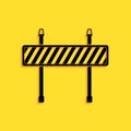 Black Road barrier icon isolated on yellow background. Fence of building or repair works. Hurdle icon. Long shadow style