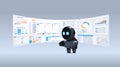 black robot analyzing statistics financial data on virtual boards artificial intelligence technology concept