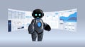 black robot analyzing statistics financial data on virtual boards artificial intelligence technology concept
