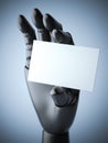 Black robot arm with blank white business card