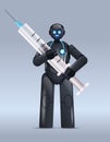 black robot doctor holding syringe vaccination medicine healthcare artificial intelligence concept